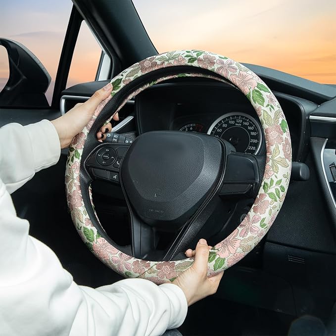 Retro Pink and Purple Flowers Steering Wheel Cover Auto Jacquard Steering Wheel Protector, Anti-Slip, Breathable, Absorbing Sweat, Universal Car Accessories 14.5–15 inch,Fit for Most Car, Trucks, SUV