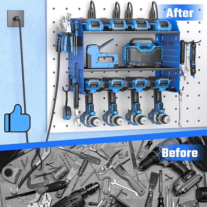 ZESEN Power Tool Organizer with Charging Station, Heavy Duty 4 Layer Drill Holder Wall Mount Garage Shelf Rack with 6 Outlet 