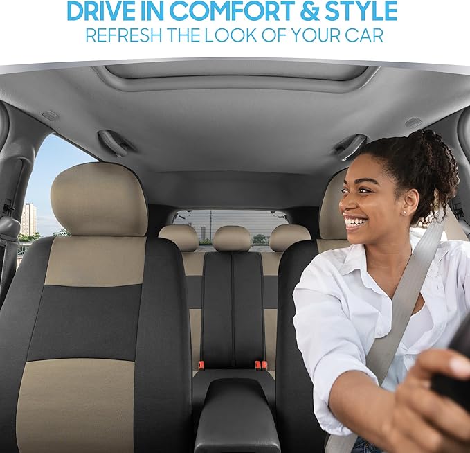 BDK PolyPro Car Seat Covers Full Set in Beige on Black – Front and Rear Split Bench Seat Covers for Cars, Easy to Install Car