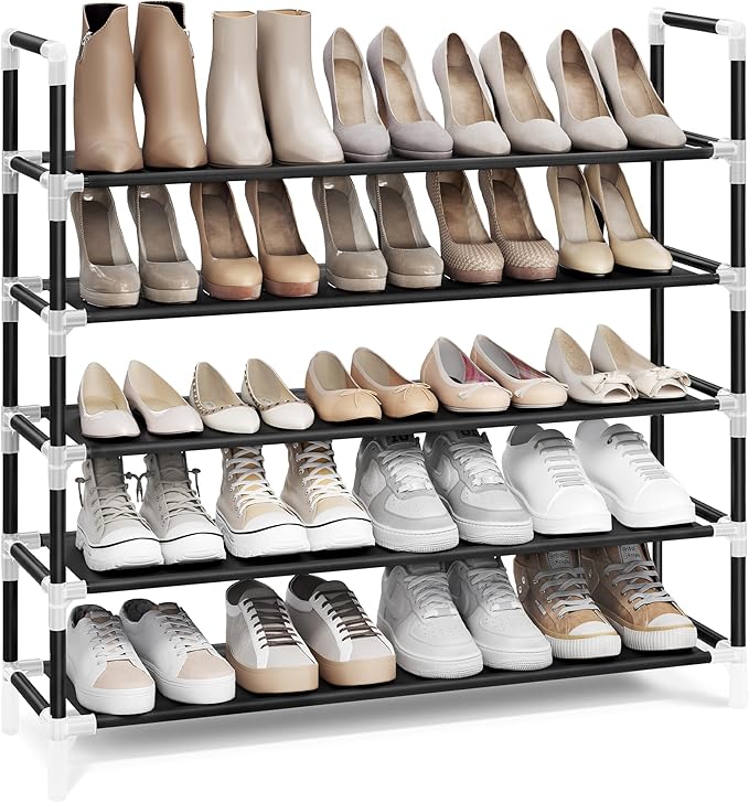 SONGMICS 5-Tier Shoe Rack, Shoe Storage for Hallway Closet, Slim and Space-Saving, Metal Frame, Non-Woven Fabric Shelves, Bla