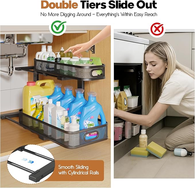 2 Pack 19.3IN-Depth Under Sink Organizer with Smooth Cylindrical Rail,2-Tier Pull Out Multi-Purpose Cabinet Storage for Bathr