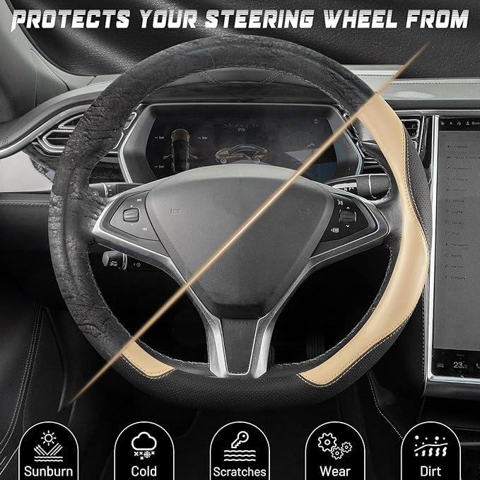 SEG Direct D Shaped Steering Wheel Cover, Flat Bottom Car Wheel Cover 14 1/2-15 in. (37-39 cm), Black and Beige Microfiber Le