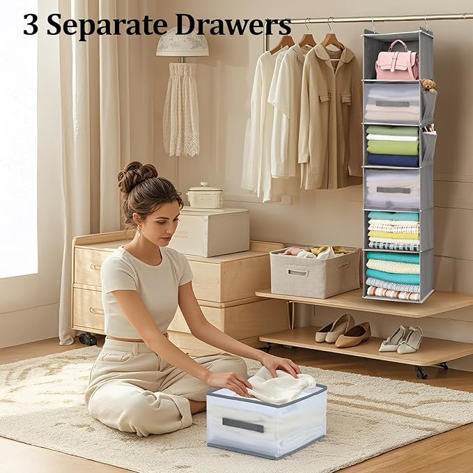 6-Tier Hanging Closet Organizer with 3 Drawers and Side Pockets – Multi-Functional Storage for Shoes, Belts, Purses, and Clot
