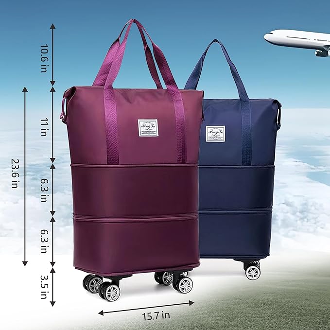 Expandable Foldable Duffel Bag with Detachable Rolling Wheels, Large Carry-On Luggage for Travel, Gym, Camping, Shopping, Business Trip (Pink)