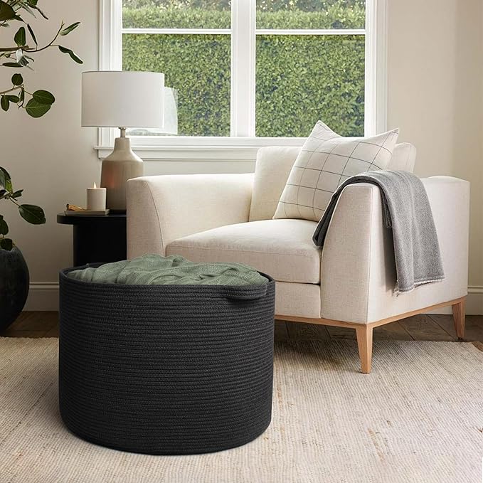 MEGASKET 115L Super Large Black Blanket Basket, 23.6"x15.7" Woven Rope Bin for Storage, Oversized Kids Dog Toy Storage Box Bi