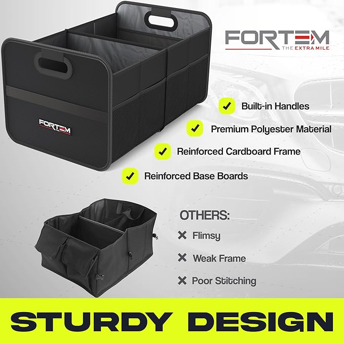 FORTEM Car Trunk Organizer, Collapsible Two Compartment Organizer, Foldable SUV & Truck Storage for Car Accessories for