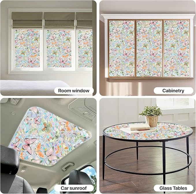 Butterfly Stained Glass Privacy Window Film Decorative, Summer Rainbow Window Stickers Sunroof Decal for Car Glass Door Moonroof Heat Control Non-Adhesive, 16.9" x 39.4"