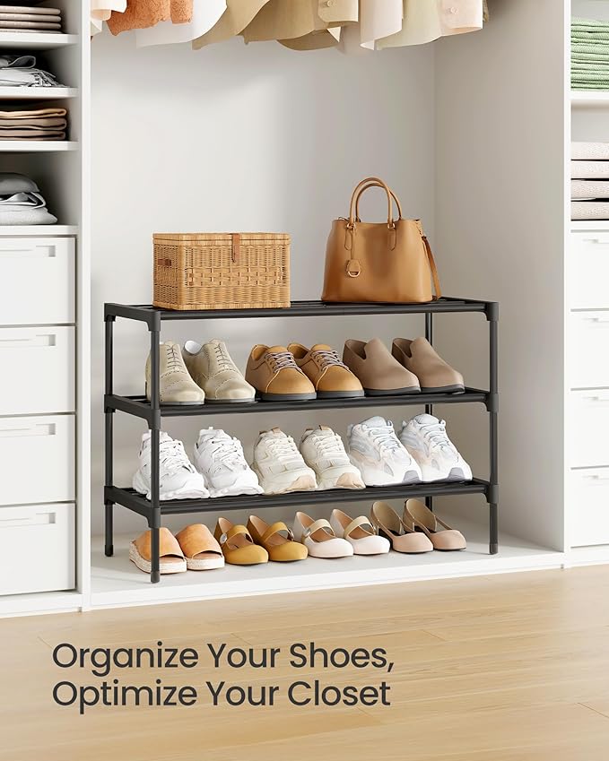 SONGMICS 3-Tier Shoe Rack for Closet, Compact Metal Shoe Organizer Shelf for Entryway, Bedroom, Small Spaces, Stackable, 11.8