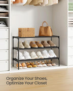 SONGMICS 3-Tier Shoe Rack for Closet, Compact Metal Shoe Organizer Shelf for Entryway, Bedroom, Small Spaces, Stackable, 11.8