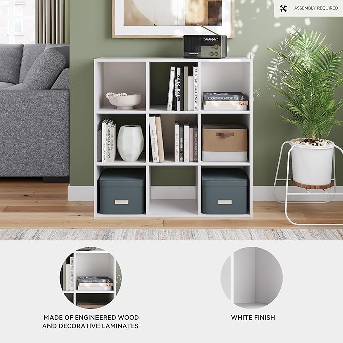 Signature Design by Ashley Onita Modern 3-Tier Floor Standing 9 Cube Organizer for Living Room, Wood, Works with 10.5" W x 10