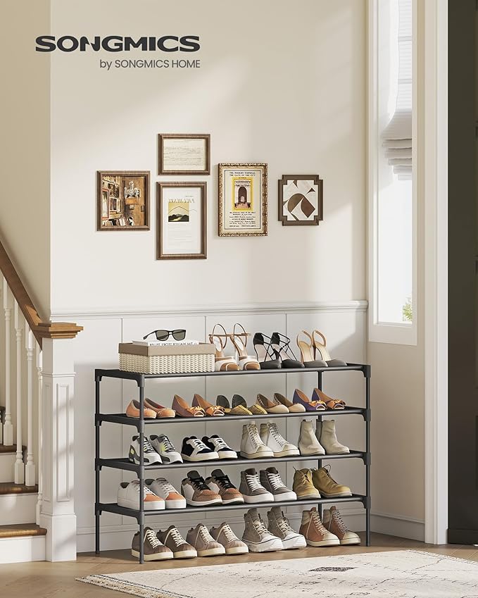 SONGMICS Shoe Rack, 4-Tier Shoe Storage Organizer, Space-Saving, 11.7 x 36.1 x 27.7 Inches, Entryway, Metal Frame, Non-Woven 