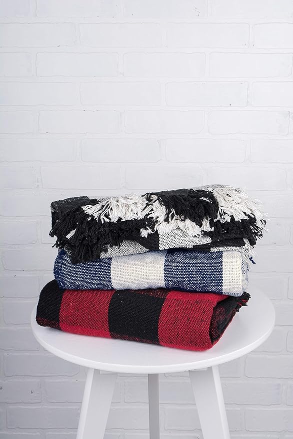 DII Buffalo Check Collection Rustic Farmhouse Throw Blanket with Tassles, 50x60, Navy/Off-White