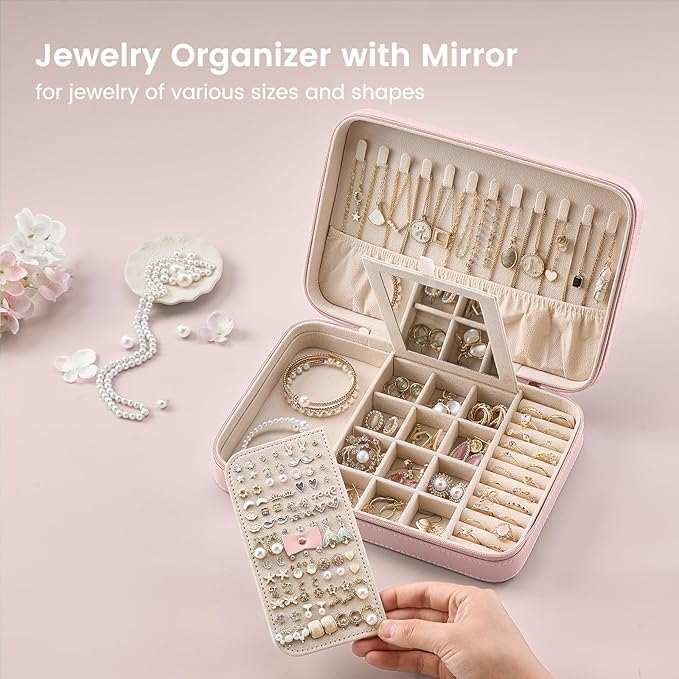 Lolalet Travel Jewelry Case for Women Girls, Travel Jewelry Organizer Box with Mirror & Clear Storage Bag, Small Portable Ear