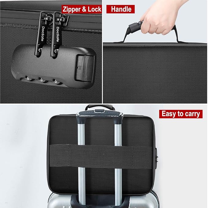 DocSafe Document Bag with Lock,Fireproof 3-Layer File Storage Case with Water-Resistant Zipper,Document Safe Portable Travel 