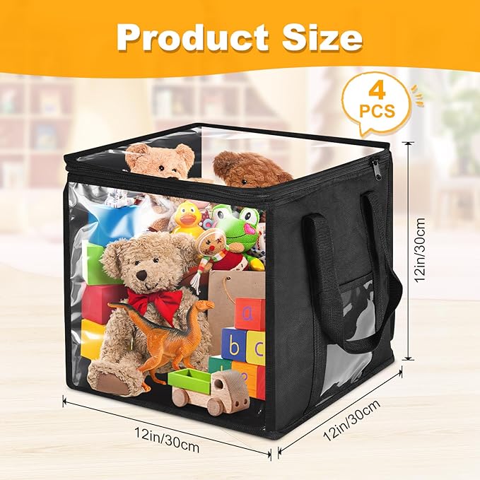 4 Pack Clear Toy Storage Bin with Lids - 12" x 12" Storage Cube Bin Foldable PVC Boxes with Handles, Storage Organizers for T