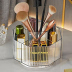 LINFIDITE 360°Rotating Makeup Brush Holder Cosmetic Display Case Clear Makeup Lip Gloss Organizer Case with 5 Slots Round Tur
