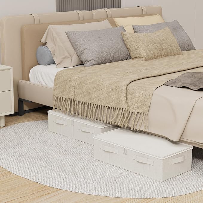 Underbed Storage Container, Foldable Under Bed Bins, Wardrobe Organisers with Lid for Organizing Clothes, Sheets, Blankets, C