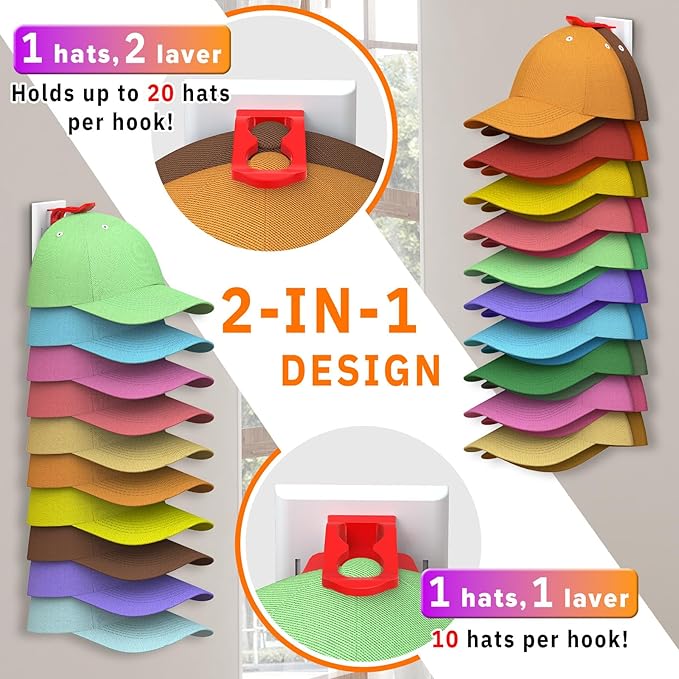 Volnamal Hat Organizer for Baseball Caps, 2 Pack Hold Up to 40 Hats, Hat Rack for Wall Space Saving, Hat Hanger w/Strong Adhe