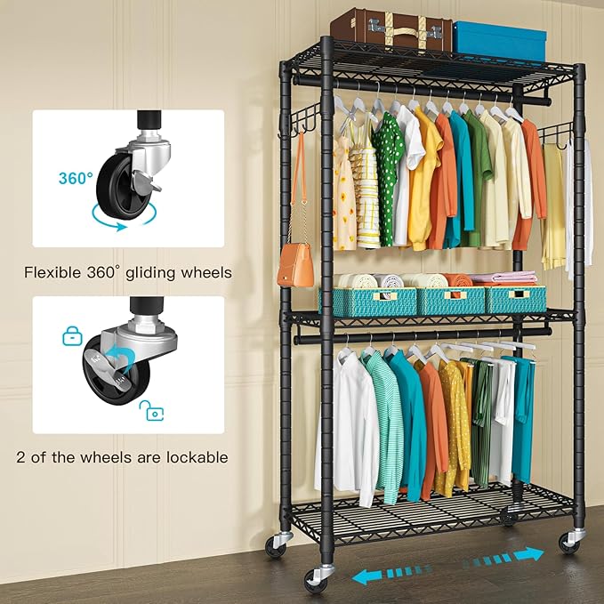 FUTASSI P1 Heavy Duty Garment Rack, 3 Tiers Adjustable Rolling Metal Closet Organizer with Lockable Wheels, FreeStanding Ward