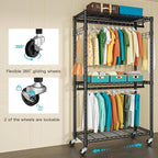 FUTASSI P1 Heavy Duty Garment Rack, 3 Tiers Adjustable Rolling Metal Closet Organizer with Lockable Wheels, FreeStanding Ward