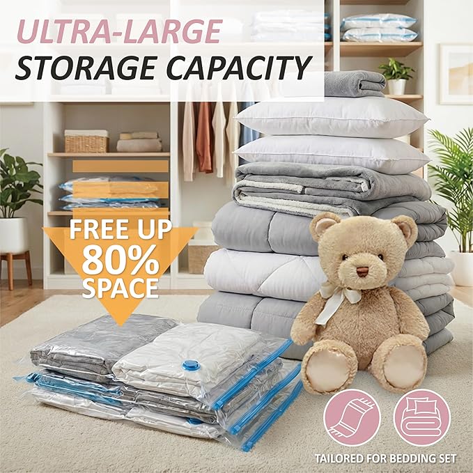 Cozy Essential Vacuum Storage Bags, 80% Compression Vacuum Seal Space Saver Plastic Packaging Bags for Clothes, Blankets, Pil