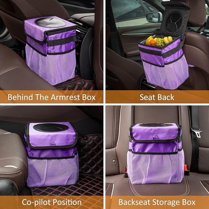 Car Trash Can Foldable Garbage Bin Leakproof 2.3 Gallons Car Trash Bag Purple
