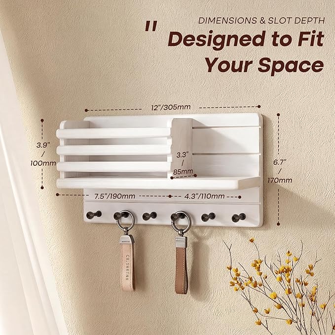 Rebee Vision Farmhouse Pine Wood Key Holder Wall Mount - Key Holder for Wall with Storage Shelf & 6 Hooks - Decorative Mail O
