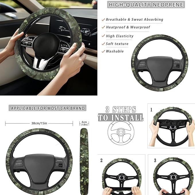 Green Camo Hunting 13 Piece Car Seat Cover Set with Steering Wheel Cover Seatbelt Strap Pad Armrest Pad Cup Coasters Key Chain Automobile Interior Sets Fit for Van Truck SUV Sedan