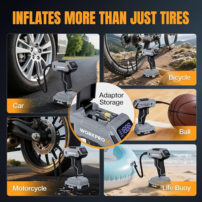 WORKPROX Tire Inflator Portable Air Compressor, 150 PSI Cordless Car Tire Pump with Digital Pressure Gauge, Fast Inflation, Rechargeable Battery & 12V DC Power, for Cars, Motorcycles, Bikes, Balls