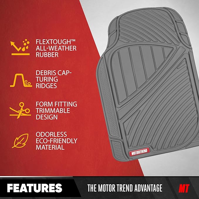 Motor Trend FlexTough Performance All Weather Rubber Car Floor Mats with Cargo Liner – Full Set Front & Rear Odorless Floor Mats for Cars Truck SUV, BPA-Free Automotive Floor Mats (Gray)