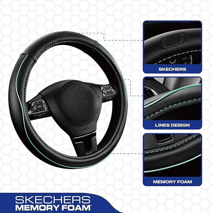 Skechers Memory Foam Steering Wheel Cover,Piping Microfiber Leather Steering Wheel Cover Sporty Universal Fit 14" 1/2-15" Car