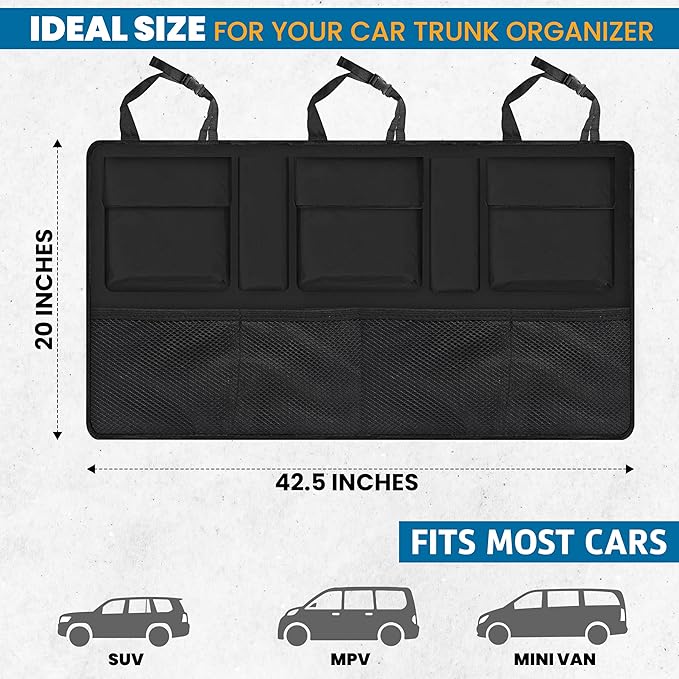 EcoNour Backseat Trunk Organizer | 42 x20 Inches Car Storage with 9 Spacious Pockets | Waterproof, Heavy-Duty Hanging Organize