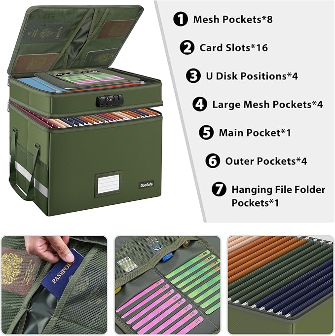 DocSafe File Box with Lock,Multi-Layer Fireproof Document Box Collapsible File Storage Organizer with Pockets/Handle,Portable