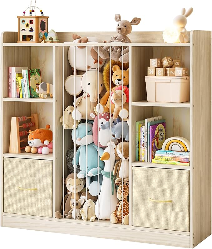 EXPERLAM Toy Storage Organizer with Stuffed Animal Storage, Wooden Toy Organizer & Stuffed Animal Zoo, 6 Cubes Shelf with Rem
