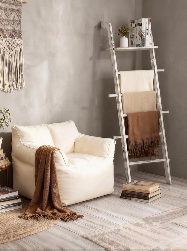 Wash White Wood Blanket Ladder with Top Shelf for the Living Room, 67in Decorative Blanket Holder, 5 Tier with Side Hooks for