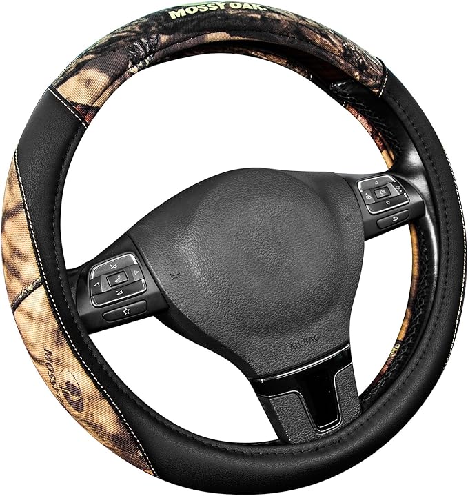 Mossy Oak Camo Steering Wheel Cover - PU Leather and Cotton Twill, Universal Fit 14 1/2 inches to 15 inches - Officially Lice