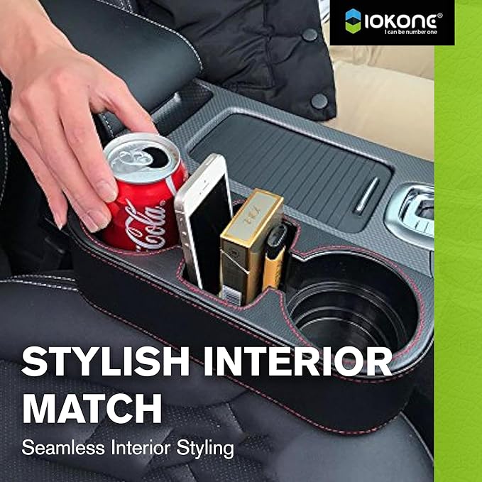 IOKONE Car Cup Holder, Auto Cup Drink Holders，Multifunctional Auto Front Seat Organizer with PU Leather Cover, Gap Filler Storage Box Coin Bucket Console Side Pocket Cell Mobile Phone Holder (Black)