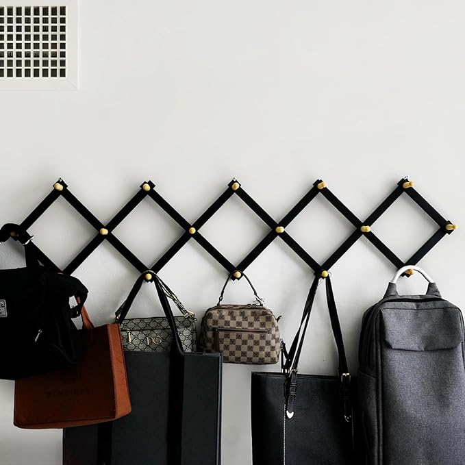 SKOLOO Accordion Wall Hanger with 16 Hooks, Modern Expandable Coat Rack Hat Rack for Wall, Solid Wooden, Natural on Black