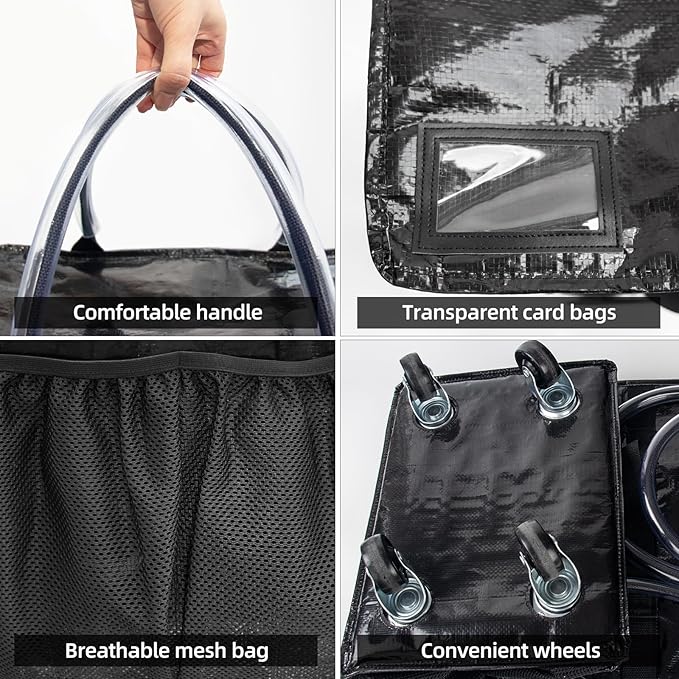 Reusable Grocery Bag On Wheels(Medium -Black), Rolling Tote Bag, Shopping Cart with 8 Pockets and Zipper Cover for Trips, Foldable, Heavy Duty Handles, Carries Up to 46LBS
