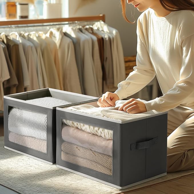 Homsorout Storage Boxes with Lids - 3 Pack Fabric Clear Window Storage Bins, Collapsible Storage Bins with Lids, Linen Closet