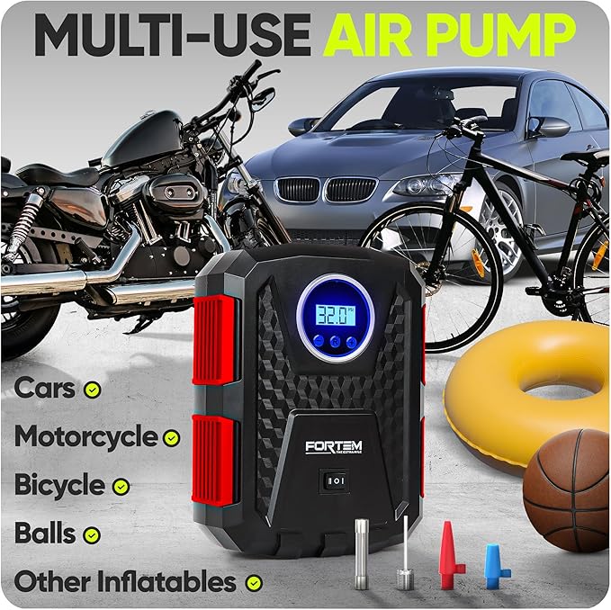 FORTEM Tire Inflator Portable Air Compressor, Air Pump for Car Tires and Bikes, Car Tire Pump w/Auto Shut Off, 150 PSI, 12V DC, LED Light, Carrying Case, for Men, Women