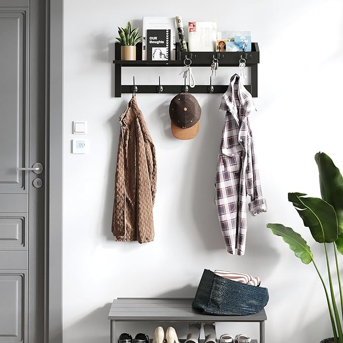 AMBIRD Wall Hooks with Shelf, 26.57 Inch Entryway Wood Coat Hooks for Wall, Coat Rack Wall Mount Rack with 5 Dual Hooks 3 Key