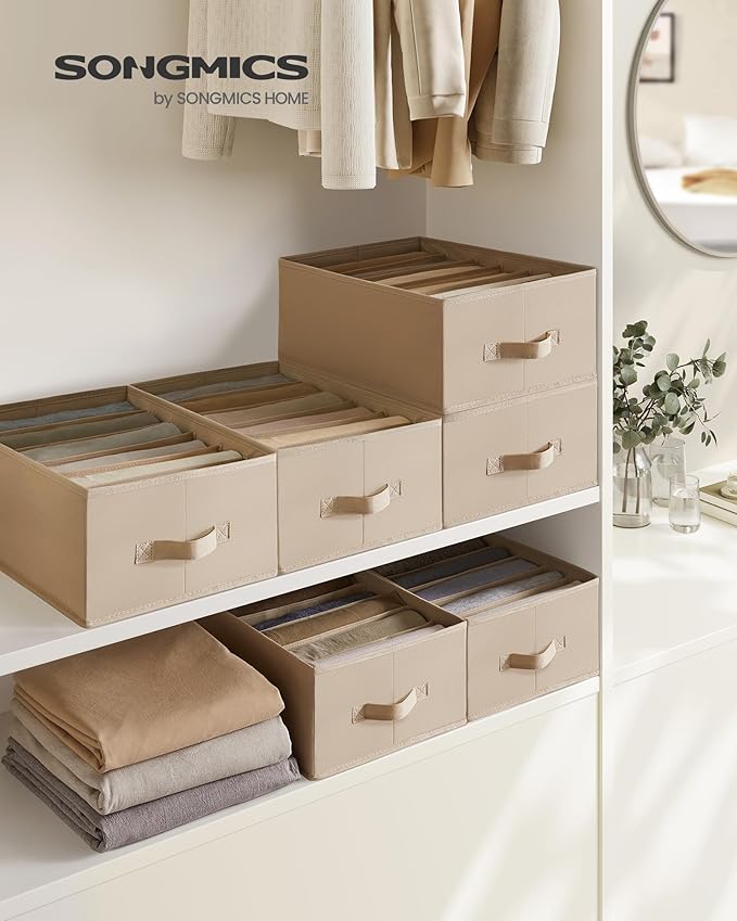 SONGMICS Set of 4 Large Size Wardrobe Clothes Organizers, 6-Compartment Foldable Drawer Organizers with Handles, 16.5 x 11.8 