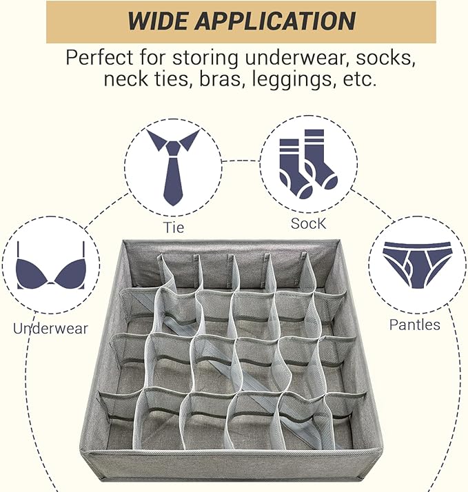 PINGMIC Gray Sock Organizer Divider 2 Pack - 24 Cell Foldable Closet Storage, Tie Organizer For Men Boxes for Socks, Ties, Be