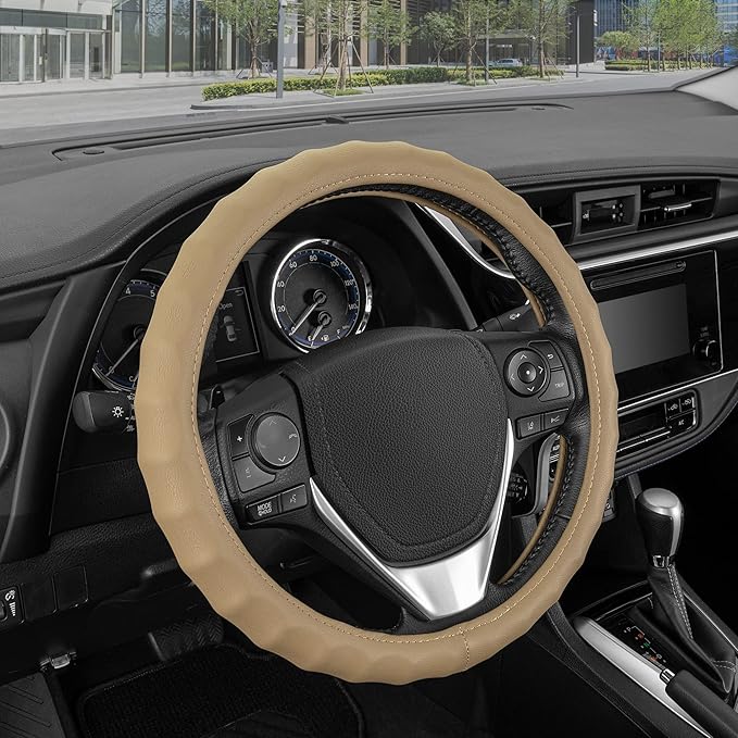 BDK Genuine Beige Leather Steering Wheel Cover for Car, Small 13.5-14 inch – Ergonomic Comfort Grip for Men & Women, Car Stee