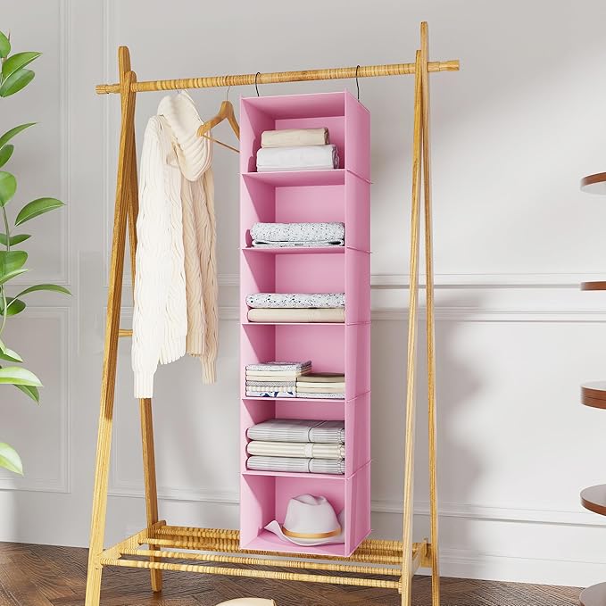 Hanging Closet Organizer, Easy Mount Foldable 6-Shelf Hanging Closet Wardrobe Storage Shelves, Clothes Handbag Shoes Accessor