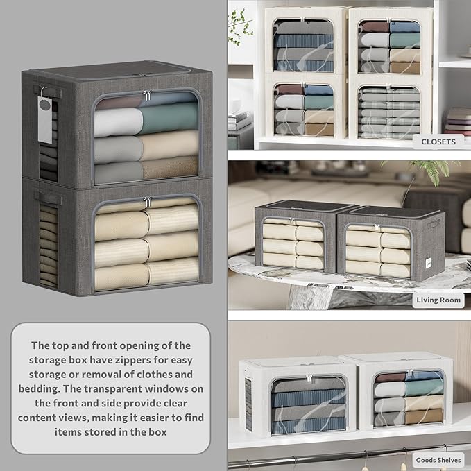 4 Pack Clothes Storage Bins with Metal Frame - 22L Stackable Storage Box with Lid，Foldable Storage Container Organizer for Cl