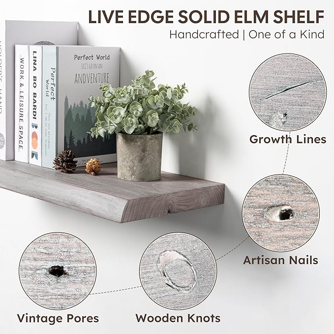 Long Live Edge Floating Shelf, 55 Inch Solid Elm Wood - Weathered Gray Rustic Wood Wall Shelf with Invisible Brackets for Liv