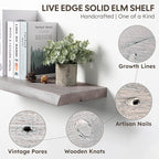 Long Live Edge Floating Shelf, 55 Inch Solid Elm Wood - Weathered Gray Rustic Wood Wall Shelf with Invisible Brackets for Liv