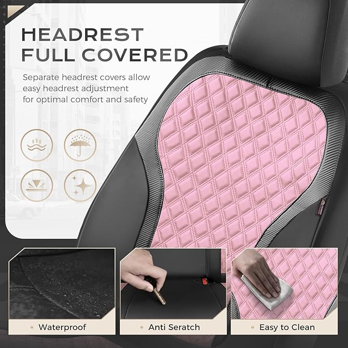 Coverado Car Seat Cover 5 Seats, Leather Seat Covers Full Set, Durable Waterproof Car Seat Protectors, Black and Pink Seat Co